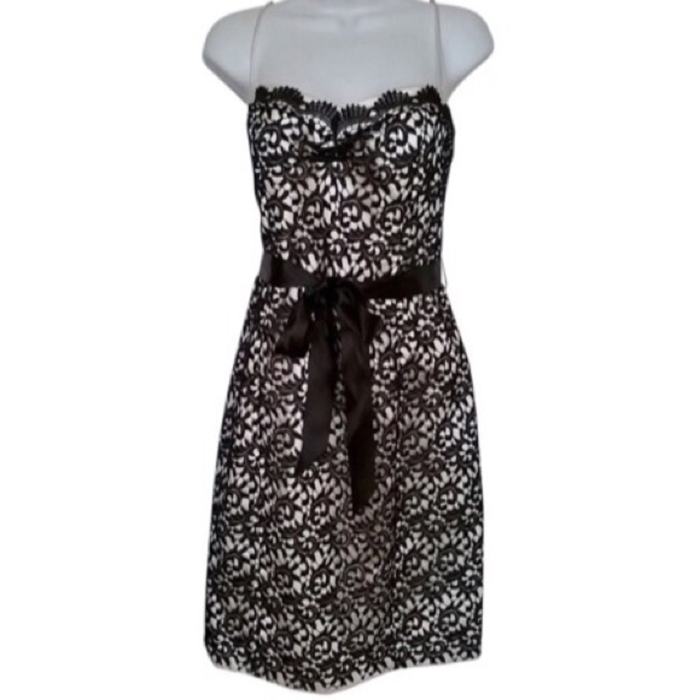 White satin cocktail dress with black lace overlay